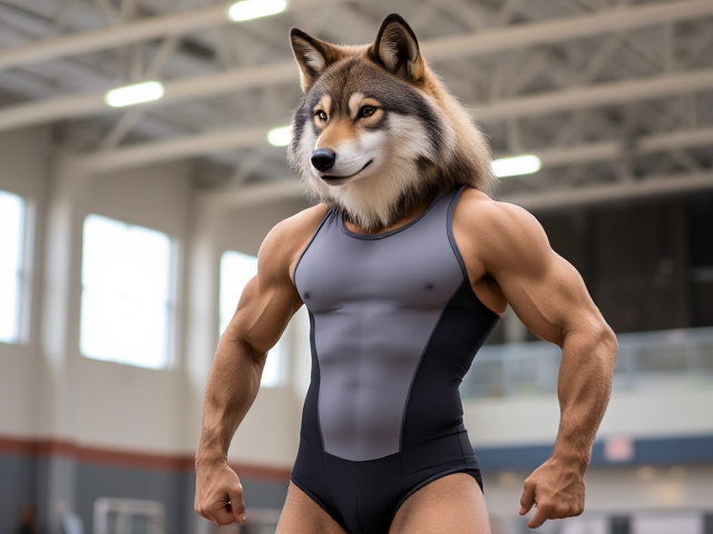 Anthropomorphic wolf, muscular build, strong hips, strong shoulders, wearing a gymnastics leotard, inside a brightly lit gymnasium, detailed fur and expression