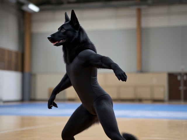 Anthropomorphic black German shepherd wearing a gymnastics leotard, performing in a gymnasium, detailed fur and muscular build, dynamic pose