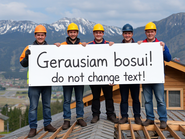 image in which group of workers are holdings big sign in which is writen this text: Geriausiam bosui!  do not change sign text. Workers are standing in construction on house roof,. scenery is norway mountains. do not change sign text.