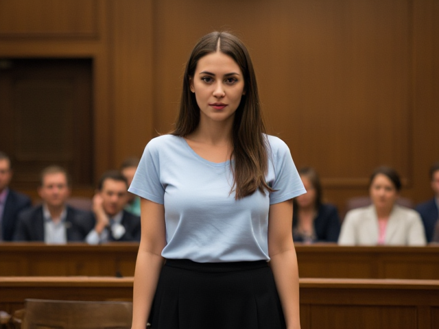 Brunette wearing a light blue t shirt and a black skirt receives news of her death sentence in court
