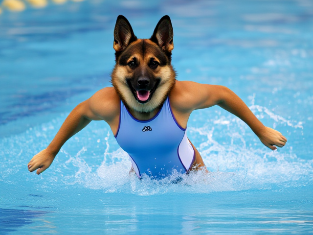 A anthropomorphic German shepherd Olympic swimmer wearing a one piece swimsuit
