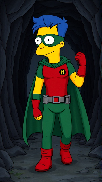 Cartoon scene: Milhouse Van Houten from The Simpsons, with his yellow skin, really big round nose, and blue hair that's slicked back and curled up at the top, but as a tall, 18-year old teenager, dressed as a parodied version of Robin, The Boy Wonder, with an extremely muscular body, wearing a dark green bodysuit with a red torso adorned with a small black circle with a green H symbol on his left pectoral, a grey utility belt with a red square buckle with silver pouches attached to it that hold all of his unique gadgets, red boots, red long-cuffed gloves, a really big, heel-length long, ultra-wide green cape wreathed around his neck held up by a silver triangular button, and a green eye mask with optical lenses in it that protects his true identity, now known as Houseboy, The Nerd Wonder, the other half of Springfield's Dynamic Duo, and one of the greatest vigilante superheroes ever known in Springfield. In this scene, Houseboy is currently walking through a dark, mysterious underground passageway, wondering what lies beyond it as he looks around for clues to the mystery he is trying to solve.