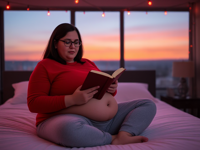 A tall obese woman 25 years old  dark brown hair blue eyes sitting on the bed wearing a red long sleeve shirt grey sweatpants and glasses reading a book with her belly out  with red led lights strung around her ceiling