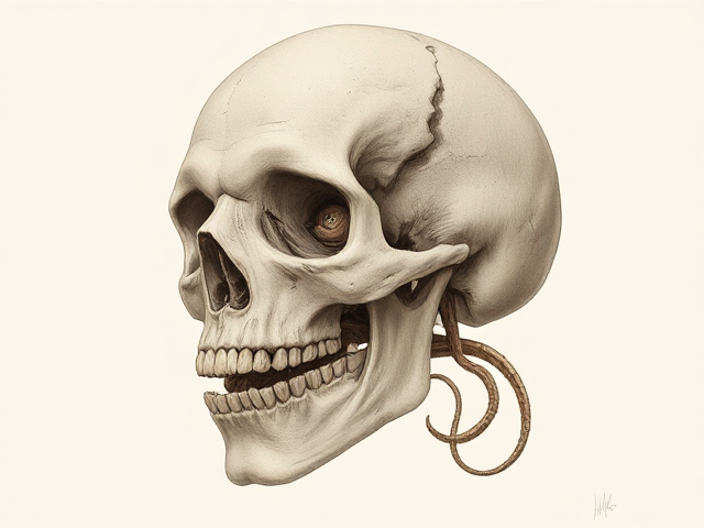 Un dessin, une tête de mort/un crâne humain, de face.
Bouche ouverte, un morceau du crâne, cassé, un poulpe dans le crâne avec des tentacules qui sortent du crâne et s’enroule sur le crâne