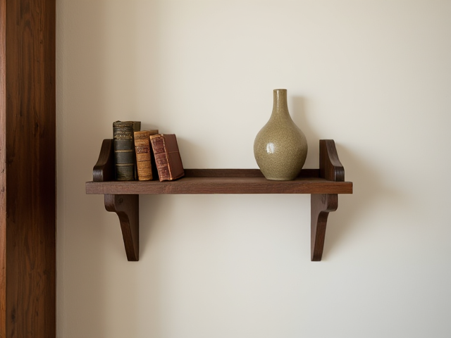 .A small wooden shelf with a couple of old books and a vase