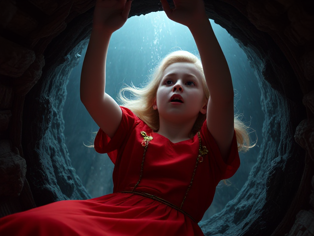 A girl about 21 with blonde hair and pale skin, wearing a red dress with gold beads and delicate flowers, falling through a portal, reaching up towards someone, scared.