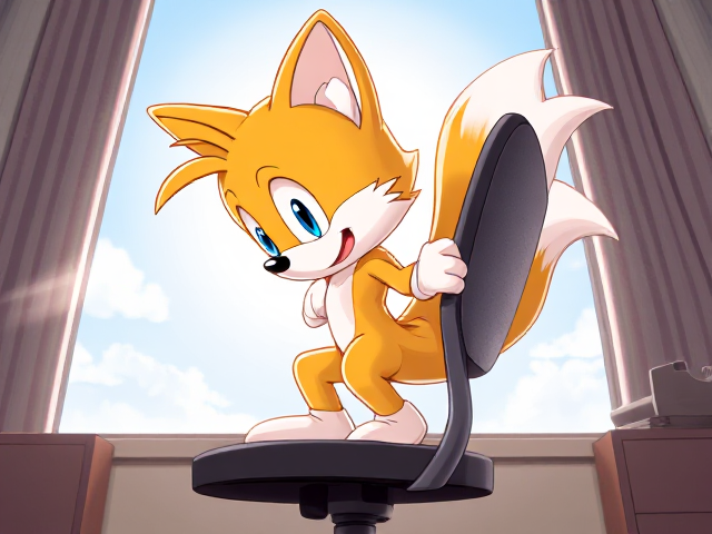 A highly detailed and very adorable side shot illustration of a small and younger version of Miles Tails Prower, struggling to climb onto an office chair due to his tiny size. Tails has his front paws on the seat of the chair, attempting to pull his cute little butt up that is dangling over the edge of the chair. The world around Tails appears to be significantly larger, emphasizing his tiny structure.