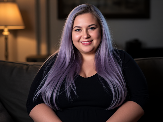 An obese woman 5 10 very long light purple hair blue eyes wearing a black dress sitting on the couch smiling closeup