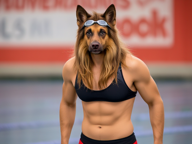 A anthropomorphic long haired German shepherd with a long torso and broad shoulders wearing a racing swimsuit and swimming goggles