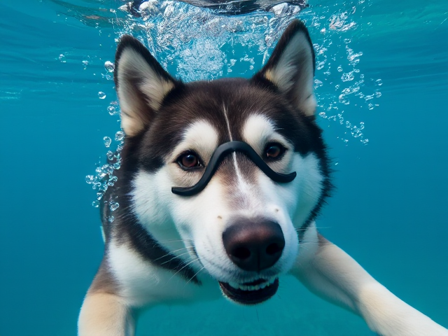 Alaskan malamute swimming underwater with freediving goggles, clear blue water, detailed fur and bubbles around