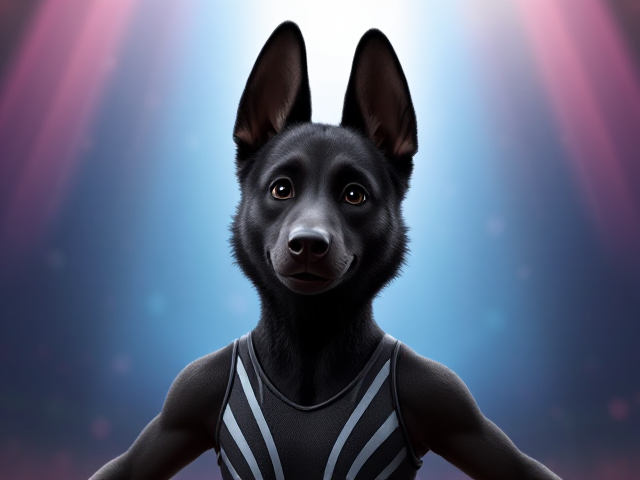 A anthropomorphic black German shepherd Olympic gymnast wearing a leotard