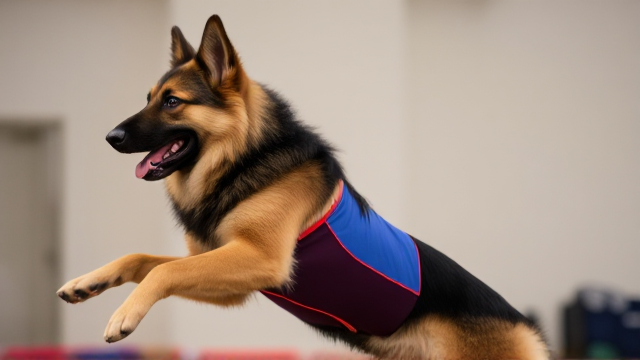 Long-haired German Shepherd in a colorful leotard performing gymnastics, indoor setting, dynamic pose, focused expression, detailed fur and fabric textures