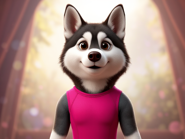 A Alaskan malamute wearing a gymnastics leotard