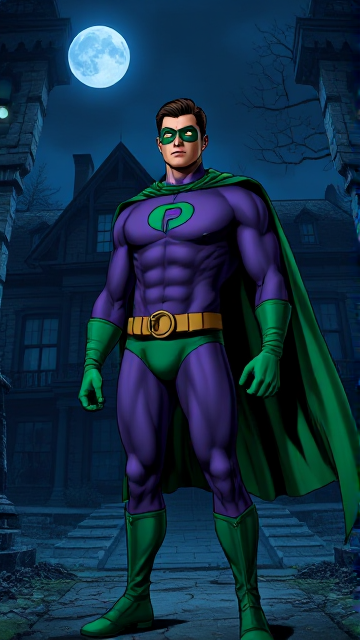 Dramatic Comic Book scene: A young, Autistic 25-year old boy with light skin and flat, smooth, and slick brown hair with a singular curled bang in the shape of a P sticking out at the front named T.J. Granger, but transformed into a genetically-altered superhero named Powerman, who, despite still being a young adult kid, has an extremely muscular body. He wears a sleek purple bodysuit with a green P symbol on his chest, a golden belt with a circular buckle, green briefs, green boots, green long-cuffed gloves, a really big, toe-length long, ultra-wide green cape wreathed around his neck, and a green eye mask that protects his true identity and also causes his pupils to magically disappear as his eyes glow an eerie white. He also has incredible and invincible superpowers flowing through his veins. In this scene, Powerman is currently standing just outside of a mysterious abandoned mansion at night, ready to begin his investigation.