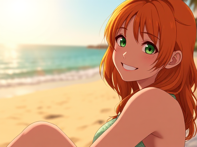 1girl, orange hair, green eyes, freckles, grinning, sitting on a beach, happy,