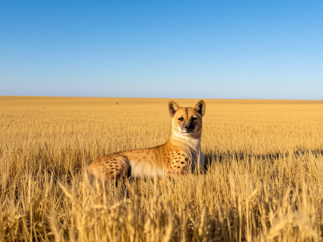 Hyena relaxing in a golden wheat field, surrounded by the expansive rural landscape of North Dakota under a clear blue sky, during daylight hours