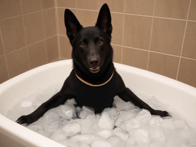 A anthropomorphic black German shepherd wearing a gymnastics leotard in a bathtub full of ice
