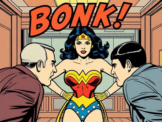 A  vintage comic book style image of  Wonder Woman  with an angry facial expression, standing in a bank lobby & crashing two criminal’s heads together. The word: BONK! Written above 
NOTE:,(THE IMAGE HAS THE TWO CRIMINALS HEADS IN CONTACT WITH EACH OTHER)