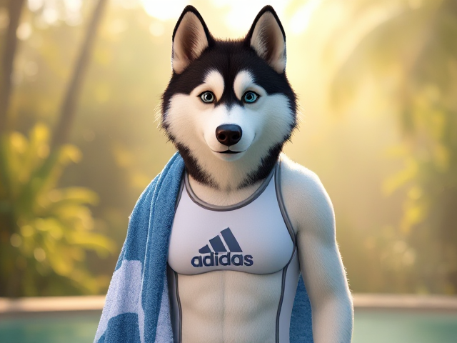 A tall anthropomorphic Siberian husky wearing a adidas swimsuit drying off with a towel 27826409