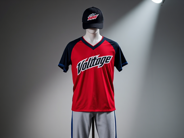 Create images of a black baseball hat with mountain dew voltage logo with a v neck athletic shirt with  Voltage written across the front in red and blue grey baseball pants with blue and black piping with black socks and blue cleats on a mannequin