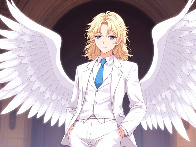 Gender: Male

Age: Adult (Seraph)

Height: 5'4"

Body type: Petite but toned body

Hair color + type: Platinum blonde curly hair, long hair that is shoulder length

Clothing: He wears a white suit, a blue tie, and white suit jacket. His slacks are also white

Eye color: Light blue

Skin color: White