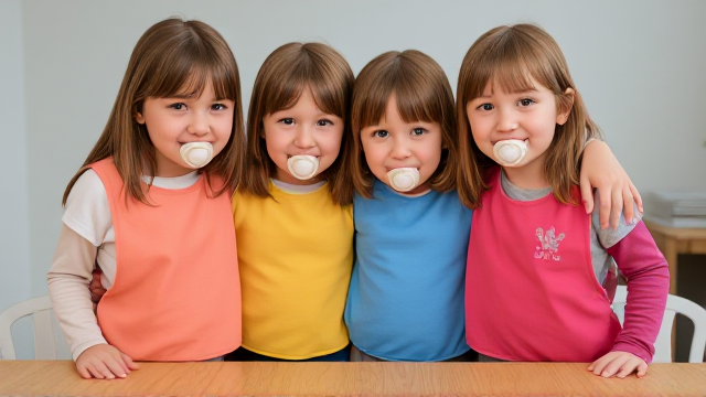 Quatre filles adolescentes debout à table elles ont les cheveux lisses et ont des grands bavoir simple multicolore elles ont des tee-shirt manche longue et des tétine en bouche et elles se font un gros câlins