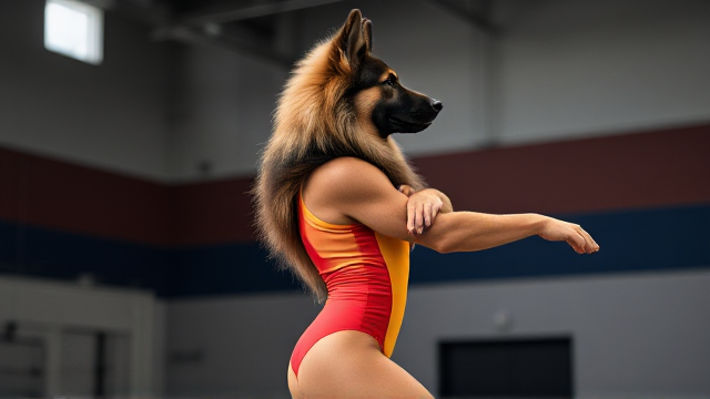 Anthropomorphic Long-Haired German Shepherd wearing a vibrant gymnastics leotard, posing dynamically in a gym setting, detailed fur texture and realistic lighting