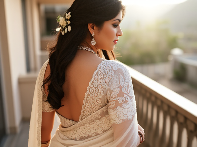 Indian woman dressed in a white saree with intricate white embroidery , and elaborate traditional jewelry including bangles, earrings, and a necklace, her back turned to reveal the detailed work on the saree. And long black hair, and NO face showing. The scene is set against a background of her on a balcony in Pakistan. Don’t blur the background