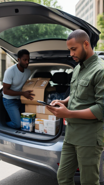black supplier unloading goods from his car, the black owner in green clothing using a tablet to record inventory, urban street setting, bright afternoon light, detailed expressions