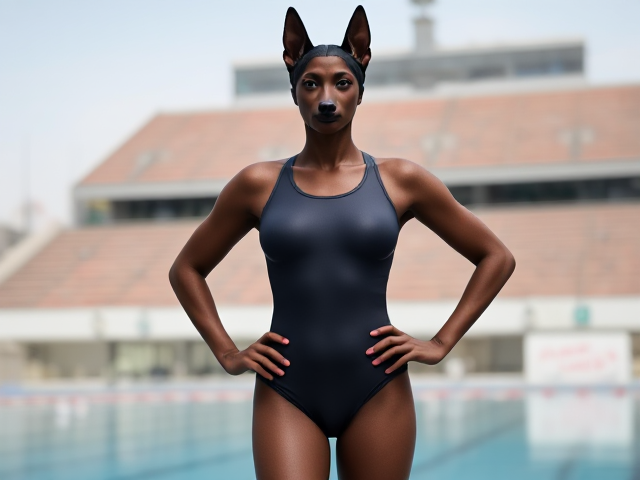 A tall female ((anthropomorphic)) black German shepherd Olympic swimmer with broad shoulders and a long torso wearing a one piece swimsuit standing on the pool deck