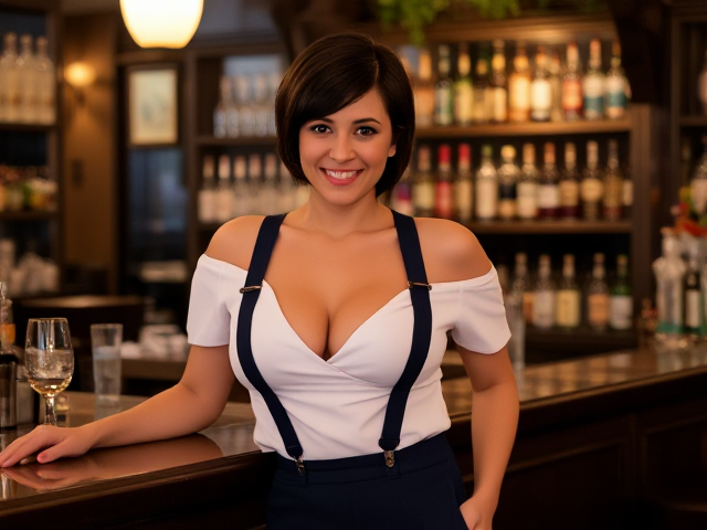 The beautiful barmaid with short dark hair is welcoming me to the English pub with a friendly smile and a flirtatious wink of her eye. She is wearing a white off-shoulder blouse with plunging neckline as well as navy blue high waist pants with suspenders. The soft lighting in the bar accentuates her marvelous physique as well as creating a cozy and inviting ambience.