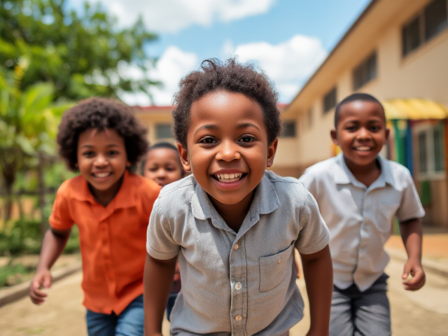 cour de récréation d'une école primaire avec des enfants afro-américains âgés de 8 ans, en train de jouer joyeusement, sous un ciel ensoleillé, entourés de verdure et structures de jeux colorées