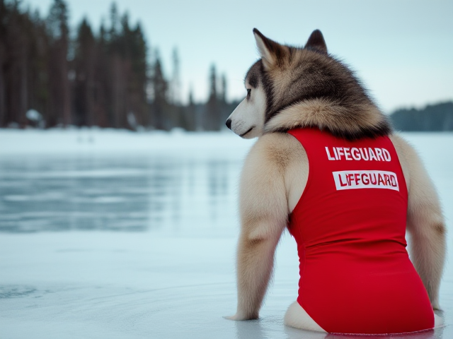 Anthropomorphic Alaskan malamute red lifeguard one piece swimsuit ice bath