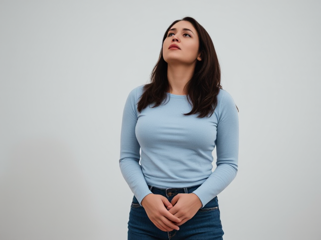 Brunette actress with dark brown hair wearing a light blue long sleeve top and  blue jeans on her knees. She is looking up at some man and she is desperately crying for herself . Her hands are behind her back unable to move
