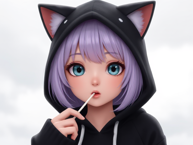 Pale petite girl, teal eyes, lilac hair, wearing a black hoodie that has cat ears on the hood, eating a lollipop
