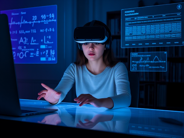 A young woman wearing futuristic VR goggles sits at a sleek, modern desk surrounded by floating holographic screens displaying complex equations and historical timelines, the room is dimly lit with neon blue and purple accents casting an ethereal glow, her expression is one of anxiety and concentration as she reaches out to interact with the virtual elements, behind her a wall lined with books hints at traditional learning merging with technology, the scene is viewed from a slightly elevated angle to capture both her focused expression and the digital environment enveloping her, detailed textures emphasize the advanced technology and tense atmosphere