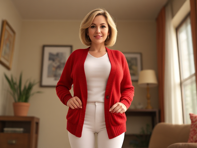 a woman of 50. she is very busty. she is wearing a red cardigan sweater and very tight white pants.