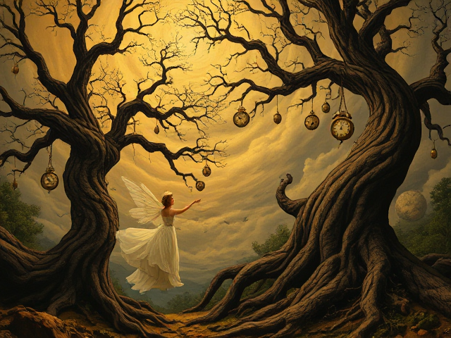 In a dreamlike paradise of twisted beauty, ethereal beings with delicate, iridescent wings and flowing, diaphanous garments dance and laugh, their melodic voices blending with the soft, tinkling sound of celestial bells. Ancient, mystical trees with gnarled trunks and twisted roots stretch towards the sky, their branches tangled with forgotten relics, each object shrouded in a rich, velvety patina that hints at a storied past. Clocks with melting faces dangle precariously from the trees, their surreal presence echoed in the distorted, dreamlike skies above. Warm, golden light, reminiscent of a Caravaggio painting, casts deep, dark shadows that dance across the scene, enhancing the enchanting, otherworldly beauty of this mystical realm. Inspired by the bold, expressive brushstrokes of Van Gogh, the vivid colors and unusual forms of Salvador Dalí's surrealist landscapes, and the dark, gothic whimsy of Tim Burton's imaginative world, this captivating tableau invites observers to step into a realm of haunting mystery and serene beauty, where the boundaries between reality and fantasy blur.