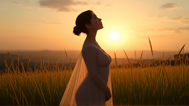 An anime-style medium shot of a young mystic woman with her eyes closed and head tilted back. She wearing a delicate transparent nightgown made of delicate, transparent veil and stands in profile, in a field of tall grass. The perfect curves of her body appear in shadow through the transparent veil. The background is a gorgeous vista of nature, untouched by man, with a golden sunset.