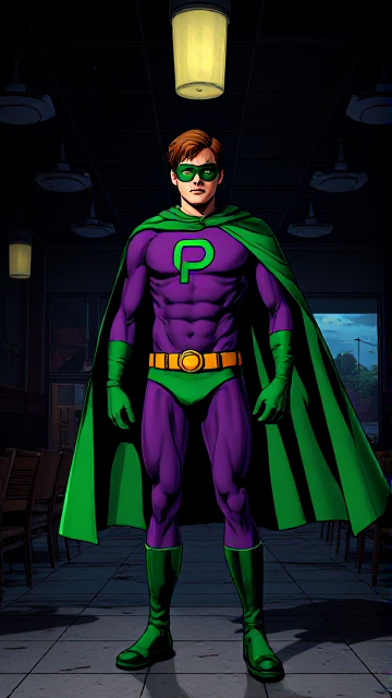 Dramatic Comic Book scene: A young, Autistic 25-year old boy with light skin and flat, smooth, and slick brown hair with a singular curled bang in the shape of a P sticking out at the front named T.J. Granger, but transformed into a genetically-altered superhero named Powerman, who, despite still being a young adult kid, has an extremely muscular body. He wears a sleek purple bodysuit with a green P symbol on his chest, a golden belt with a circular buckle, green briefs, green boots, green long-cuffed gloves, a really big, toe-length long, ultra-wide green cape wreathed around his neck, and a green eye mask that protects his true identity and also causes his pupils to magically disappear as his eyes glow an eerie white. He also has incredible and invincible superpowers flowing through his veins. In this scene, Powerman is currently standing in a dark, abandoned restaurant by himself, intently awaiting the arrival of someone he knows.