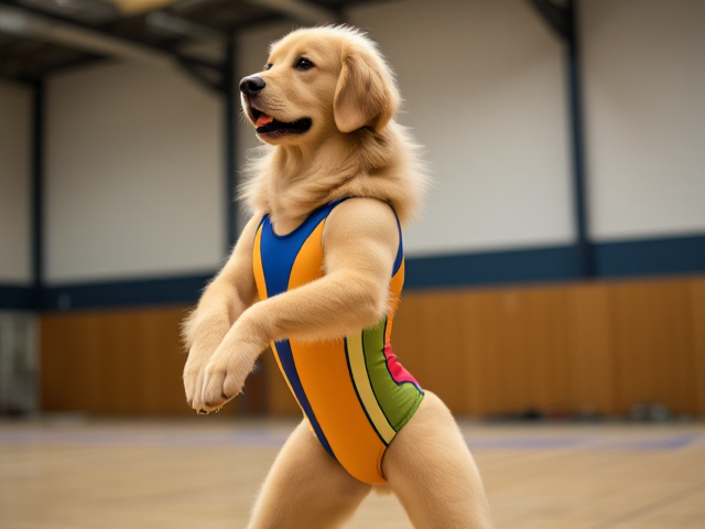 Anthropomorphic golden retriever wearing a colorful gymnastics leotard, performing in a gymnasium with dynamic poses, detailed fur and expression