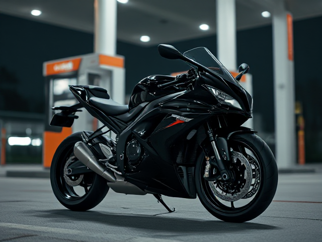 Black sports motorcycle at a gas station