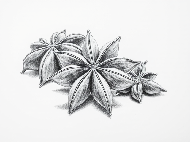 Épice anice étoilé, croquis au crayon gris.
Croquis préparatoire avec lignes de perspective.