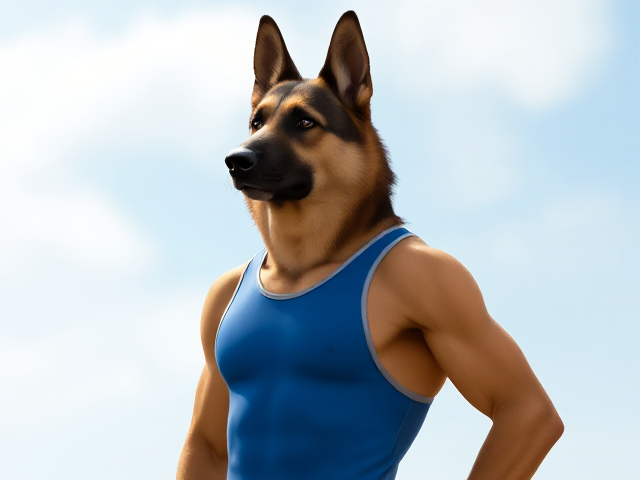 A tall and lean anthropomorphic German shepherd with long forearms wearing a water polo swimsuit