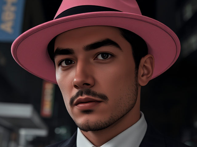 A gentlemen in a pink hat full body black and white way zoomed out