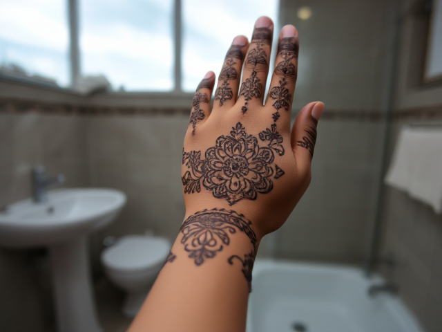 Henna on an Indian woman's hand, background bathroom