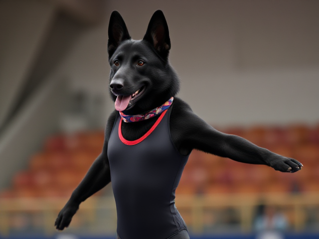 A anthropomorphic black German shepherd Olympic gymnast wearing a leotard
