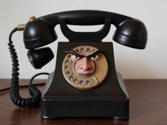 Show me an old fashioned telephone with an angry face. The actual telephone has a face