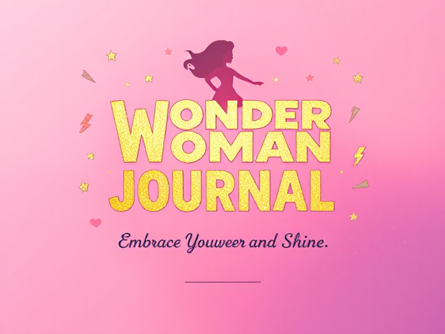 Background: A vibrant gradient background transitioning from soft pink to purple, evoking a sense of energy and inspiration.

Title: The title “Wonder Woman Journal” should be prominently displayed at the center in a bold, playful font. Use a gold foil finish to make it stand out and catch the eye.

Illustrations: Incorporate whimsical illustrations around the title. These could include:

A silhouette of a girl in a superhero pose, possibly wearing a cape.
Stars, hearts, and lightning bolts scattered around the edges to symbolize empowerment and creativity.
Subtitle: Beneath the title, include the subtitle “Embrace Your Power and Shine” in a smaller, elegant font. This could also have a gold accent to maintain the cohesive look.

Textures: Add a subtle texture to the background to create depth, such as a soft watercolor effect or light sparkles that catch the light.

Color Accents: Use additional colors like mint green or soft yellow for the illustrations to create a playful yet harmonious color scheme.

Personal Touch: Include a small space at the bottom corner where girls can write their name or a personal motto, framed with a decorative border.