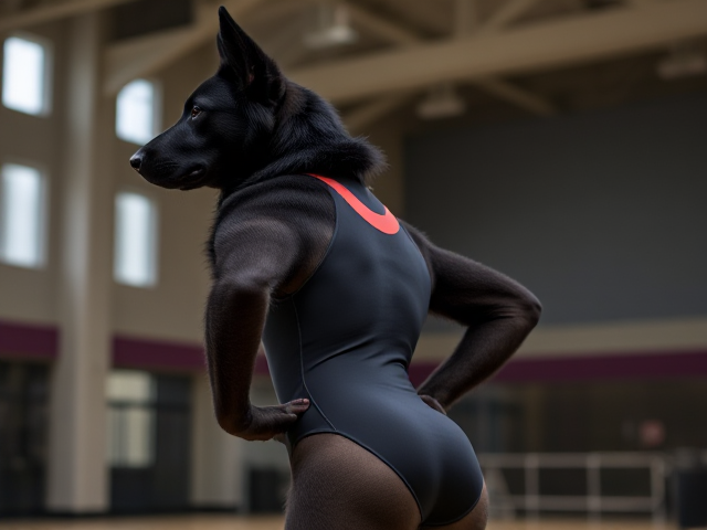 Anthropomorphic black German shepherd wearing a gymnastics leotard, posing with emphasis on its hips in a gymnasium setting, detailed and vibrant colors